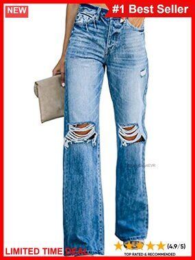 Sidefeel Women's Ripped High Waisted Wide Leg Jeans Destroyed Denim Pants